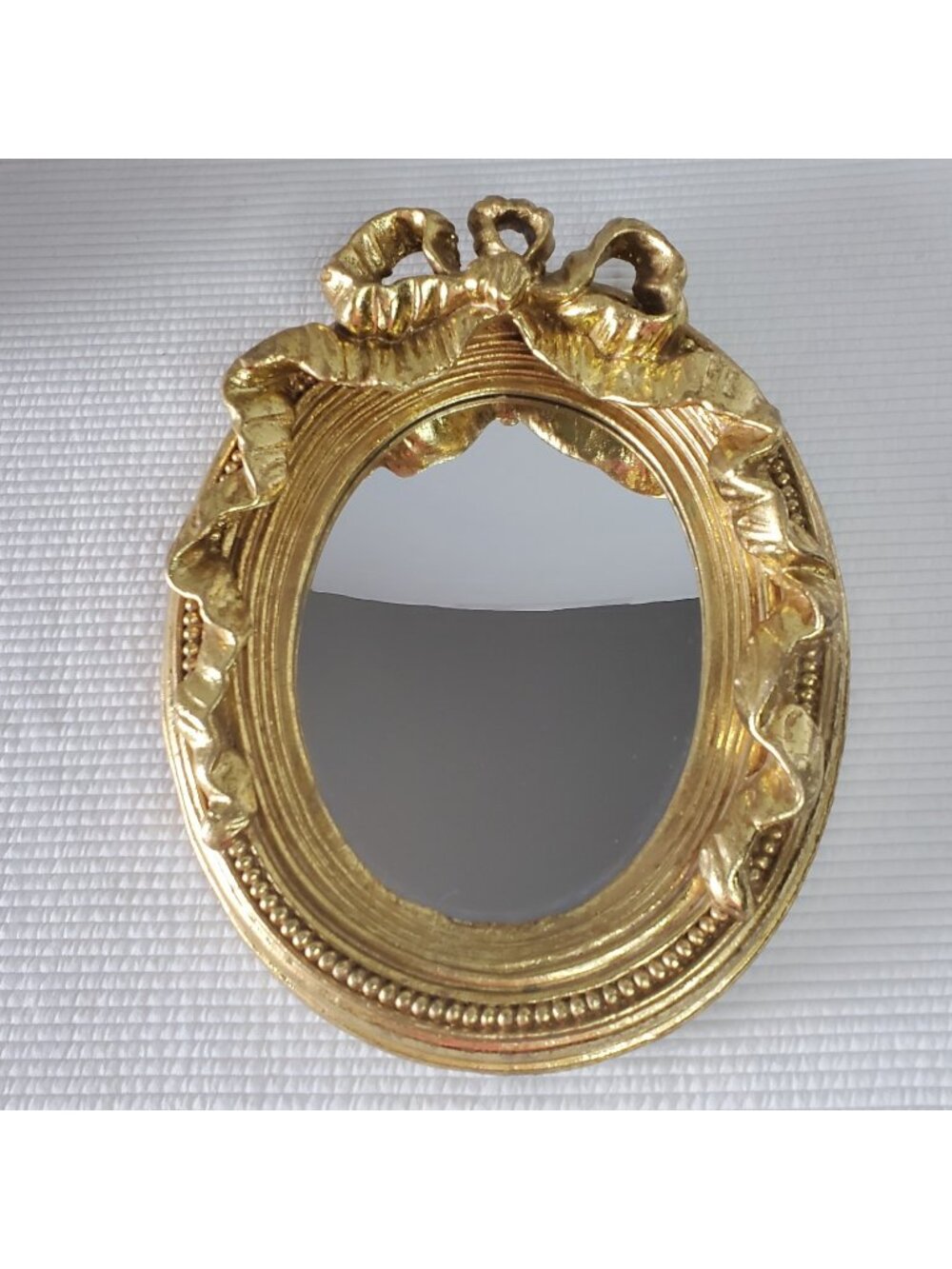 Vintage Bow Top Mirror 13.5"x11" Oval Gold Painted Wood Ornate Victorian Baroque